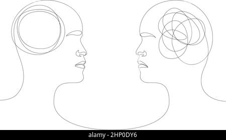 Two human heads with opposite thinking. The concept of chaos and order in thoughts. Vector illustration of continuous linear drawing in one line. Stock Vector