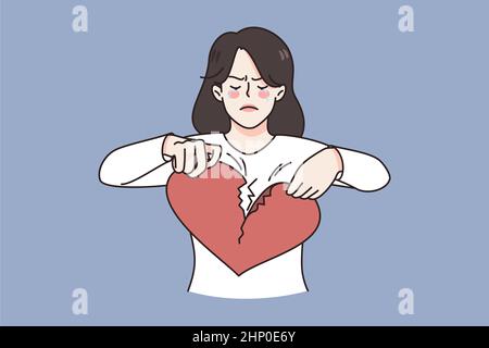 Breaking up and Broken heart concept. Young sad unhappy disappointed crying woman standing and breaking huge red heart into pieces vector illustration Stock Photo