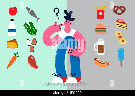 Pensive man make decision among healthy and unhealthy food. Thoughtful guy decide about dietary and junk products. Diet and wellness. Nutrition. Good Stock Photo