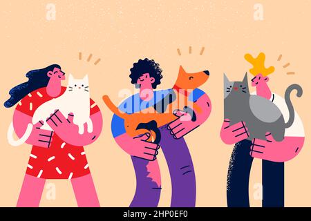 Happy diverse people hold in arms cats and dogs show love and care. Smiling men and women with domestic pets. Saving animal from shelter. Human and pu Stock Photo