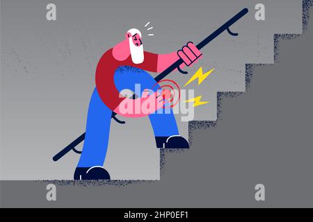 Unwell old grandfather with walking cane go upstairs suffer from keen pain. Unhealthy senior man suffer from leg ache walk stairs. Maturity and geriat Stock Photo