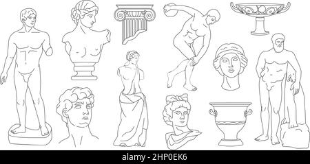 Line ancient greek statues and antique sculptures heads. Abstract mythology gods, columns, vase and amphora. Roman sculpture art vector set. Illustrat Stock Vector