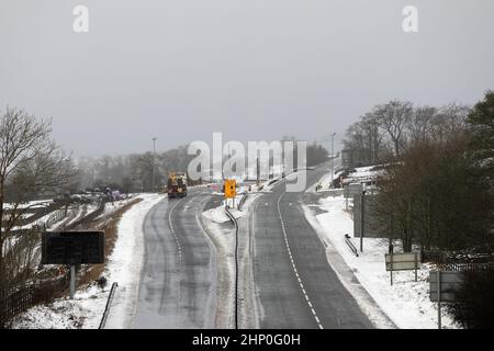 A66, Bowes, Teesdale, County Durham, UK. 18th February 2022. UK Weather.  The A66 road between Scotch Corner and Penrith has been closed due to the predicted high winds and snow being brought by Storm Eunice today. Snow has already begun to fall in parts of County Durham and North Yorkshire. Credit: David Forster/Alamy Live News Stock Photo