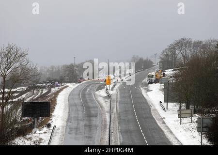 A66, Bowes, Teesdale, County Durham, UK. 18th February 2022. UK Weather.  The A66 road between Scotch Corner and Penrith has been closed due to the predicted high winds and snow being brought by Storm Eunice today. Snow has already begun to fall in parts of County Durham and North Yorkshire. Credit: David Forster/Alamy Live News Stock Photo