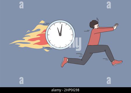 Deadline being hurry and time concept. Young stressed hurrying man worker running from flying alarm clock over blue background vector illustration Stock Photo