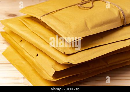Close up shot of stack of padded mailing envelopes Stock Photo