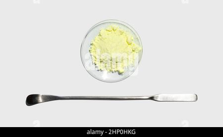 Sulfur Powder in chemical watch glass placed next to the stainless spatula on laboratory table. Stock Photo