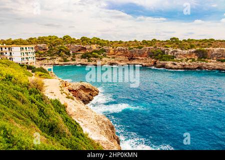 Amazing view on bay and Hotel in Cala Figuera Santanyí Mallorca Spain. Stock Photo