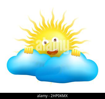 funny cartoon yellow summer sun peeks out from behind the clouds and smiling. Good warm summer weather, great mood. Vector isolated on white backgroun Stock Vector