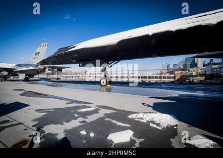 View of a Lockheed A-12, the predecessor of the SR-71 Blackbird, on the deck of USS Intrepid, Intrepid Sea, Air and Space Museum, New York, NY, USA Stock Photo