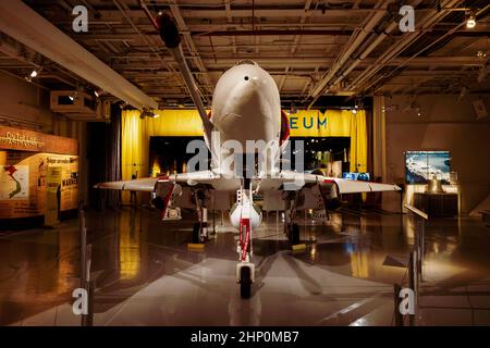 Frontal view of a Douglas A-4 Skyhawk with protruding refuelling probe on the hangar deck of USS Intrepid Sea, Air and Space Museum, New York, NY, USA Stock Photo