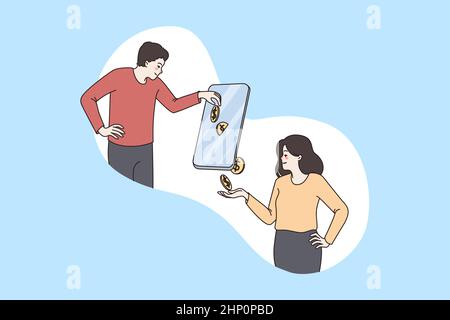 Online payment and earning concept. Young man paying golden coins and girl receiving money online on another side of smartphone screen vector illustra Stock Photo