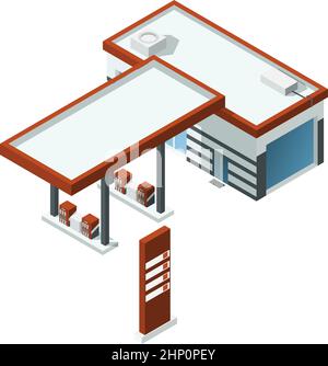 Gas station isometric building. Car fuel refill Stock Vector