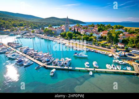 Town of Osor harbor and bridge between Cres and Mali Losinj islands arial view, Adriatic archpelago of Croatia Stock Photo