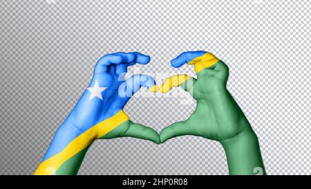 Solomon Islands flag color, hands show symbol of heart and love, clipping path Stock Photo