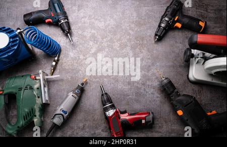 Electric Hand Power Tools In Repair Workshop Stock Photo