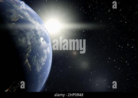 3d illustration. Planet Earth with a spectacular sunset . Copy space for logo and text Stock Photo