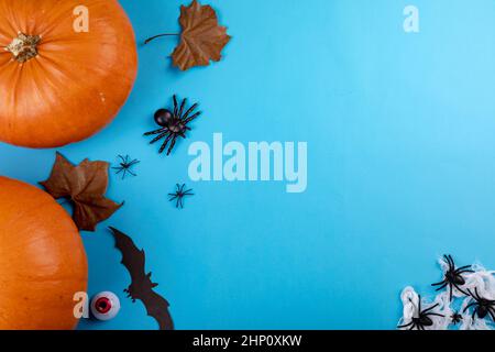 Composition of halloween decoration with pumpkin, bats, spiders and copy space on blue background Stock Photo