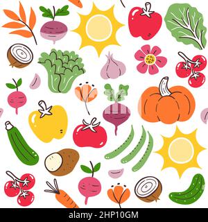 Colorful summer seasonal vegetables seamless pattern. Isolated vegetables on white background. Vector illustration. Stock Vector