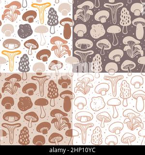 Mushrooms seamless pattern collection. Food ingredients for cooking illustration. Colorful, monochrome silhouettes and doodle style. Vector illustrati Stock Vector