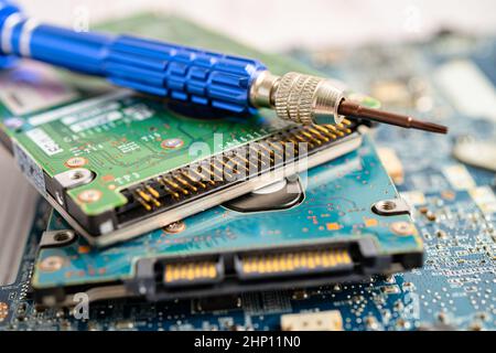 micro circuit main board computer electronic technology, hardware, mobile phone, upgrade, cleaning concept. Stock Photo