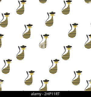Vector flat illustration with silhouette cute cat. Seamless trendy pattern in scandinavian style on white background. Design for card, poster, fabric Stock Vector