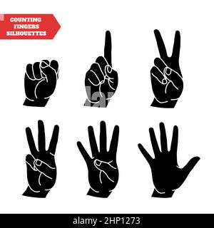 Counting hands showing different number of fingers. Graphic design element for teaching math to young children as school printout. Great for showing n Stock Photo