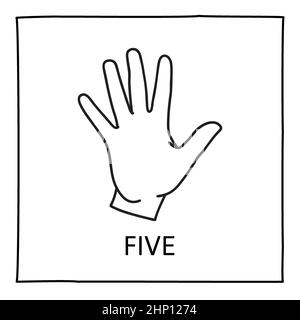 Doodle Palm icon. Counting hands showing five fingers. Graphic design element for teaching math to young children as school printout. Great for showin Stock Photo