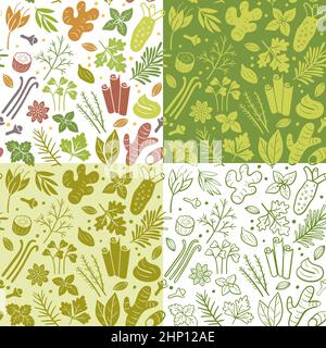 Herbs and spices seamless pattern collection. Food ingredients for cooking illustration. Colorful, monochrome silhouettes and doodle style. Vector ill Stock Vector