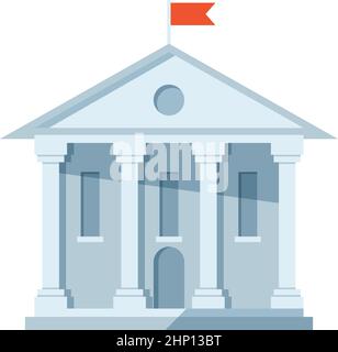 White building with columns and red flag. City public house Stock Vector