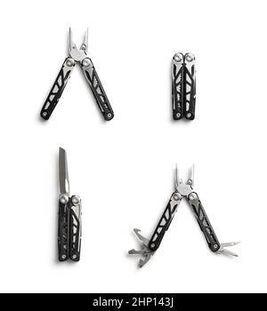 Multi-tools pliers with other tools and knife. Multifunction pliers isolated on white background. Stock Photo
