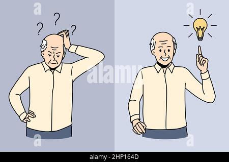 Elderly man having mood swings suffer from Alzheimer disease. Old grey-haired grandfather struggle with mental illness, memory loss in maturity. Elder Stock Photo