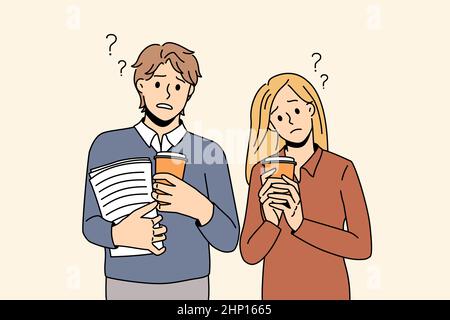 Stressed students with coffee to go and paperwork feel frustrated with exam preparation. Unhappy colleagues distressed with work deadline, prepare res Stock Photo