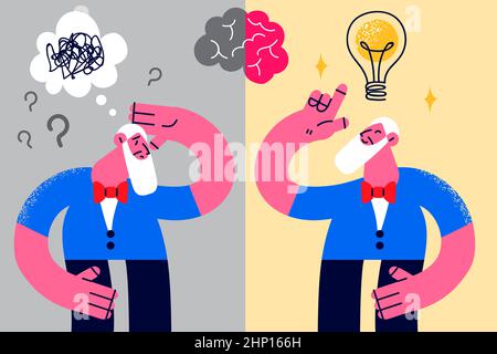 Old grandfather think remember and forget on contrary suffer from Alzheimer disease. Senior man struggle with brain mental illness. Elderly healthcare Stock Photo