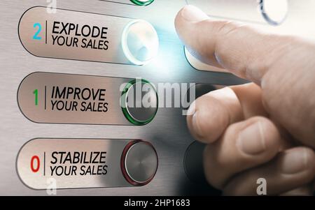 Man pushing an elevator buttons where it is written stabilize, improve or explode your sales. Salesforce motivational concept. Composite image between Stock Photo