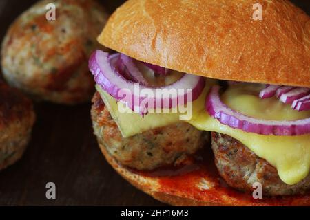 Homemade Spicy Meatball Sub Sandwich with Marinara Sauce and Cheese . Stock Photo