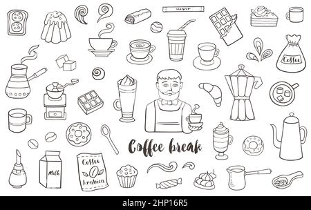 Coffee and sweets. Set of hand drawn  doodle design elements. Stock Photo