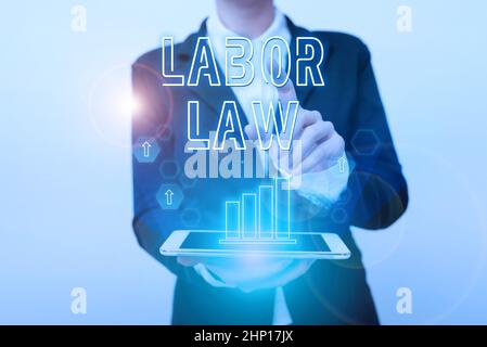 Hand writing sign Labor Law, Business overview rules relating to rights and responsibilities of workers Woman In Uniform Holding Mobile Phone Showing Stock Photo