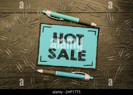 Conceptual caption Hot Sale, Business overview putting products on high discount Great price Black Friday Bright New Ideas Fresh Office Design Work Pr Stock Photo