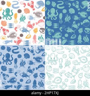 Seafood seamless pattern collection. Fish, seaweed and shellfish. Food ingredients for cooking illustration. Colorful, monochrome silhouettes and dood Stock Vector