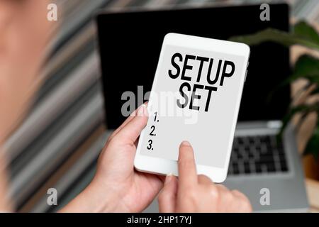 Conceptual caption Setup Set, Word for the manner, position, or direction in which something is set Voice And Video Calling Capabilities Connecting Pe Stock Photo