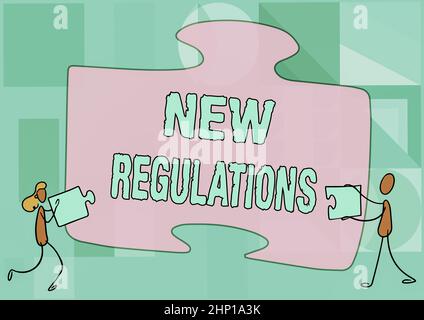 Inspiration showing sign New Regulations, Word Written on rules made government order control something done Colleagues Drawing Fitting Two Pieces Of Stock Photo