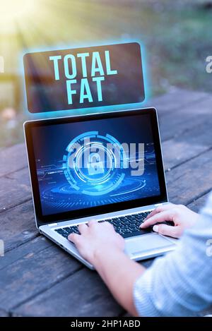 Handwriting text Total Fat, Internet Concept combined value of the different types of fat shown at the label Laptop Placed Resting On Table Working In Stock Photo