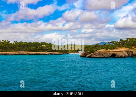 Turquoise beach and bay of Cala Mondrago Samarador in Mallorca Balearic Islands Spain. Stock Photo