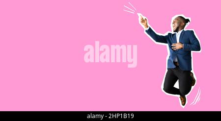 Happy Jumper Man Student. Trendy Male Collage Ad Stock Photo