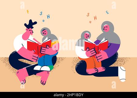 Happy muslim family with children rest on weekend study learn together. Smiling Islamic parents with kids read books. Education concept. Multicultural Stock Photo