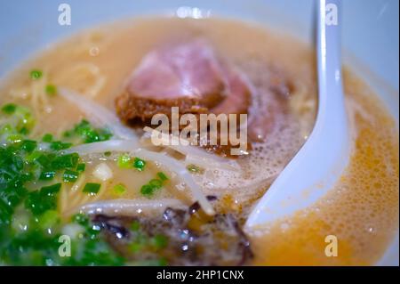original Japanese beef ramen noodles soup closeup