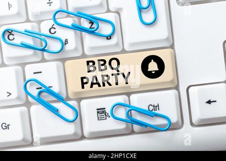 Conceptual caption Bbq Party, Word Written on usually done outdoors by smoking meat over wood or charcoal Abstract Doing Virtual Bookkeeping, Listing Stock Photo
