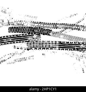 Traces from the tire tread of a car, motorcycle or bicycle. Motocross, rally, track, traces of grungy wheels. Vector. Stock Vector