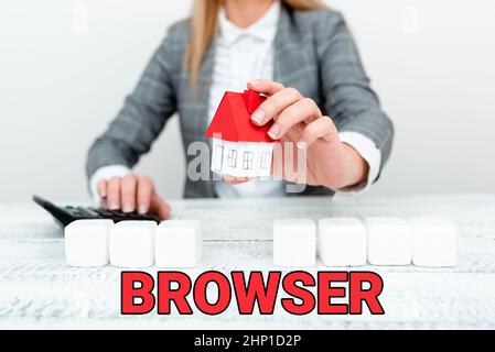 Text sign showing Browser, Word for Computer program Graphical user interface Displaying HTML files A Young Lady Orbusiness-Woman Calculating Orsignin Stock Photo